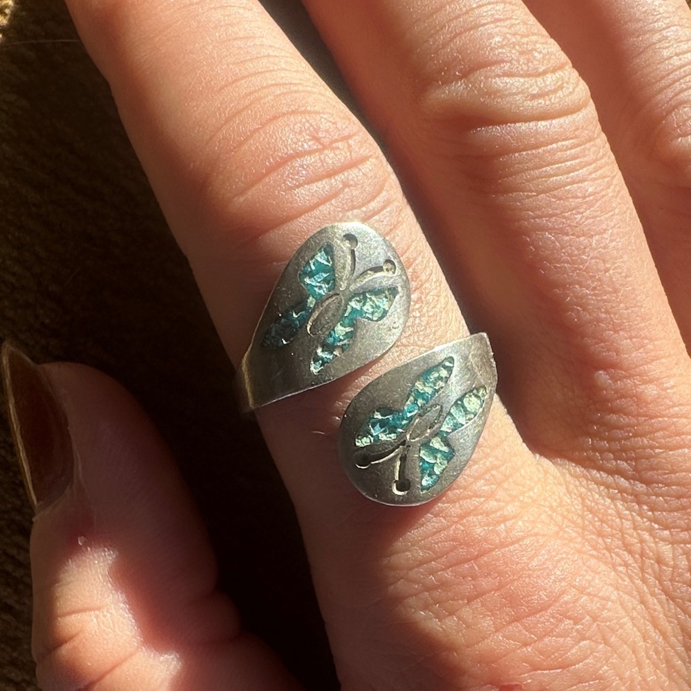Vintage Taxco Mexico sterling silver wrap ring butterfly turquoise inlay